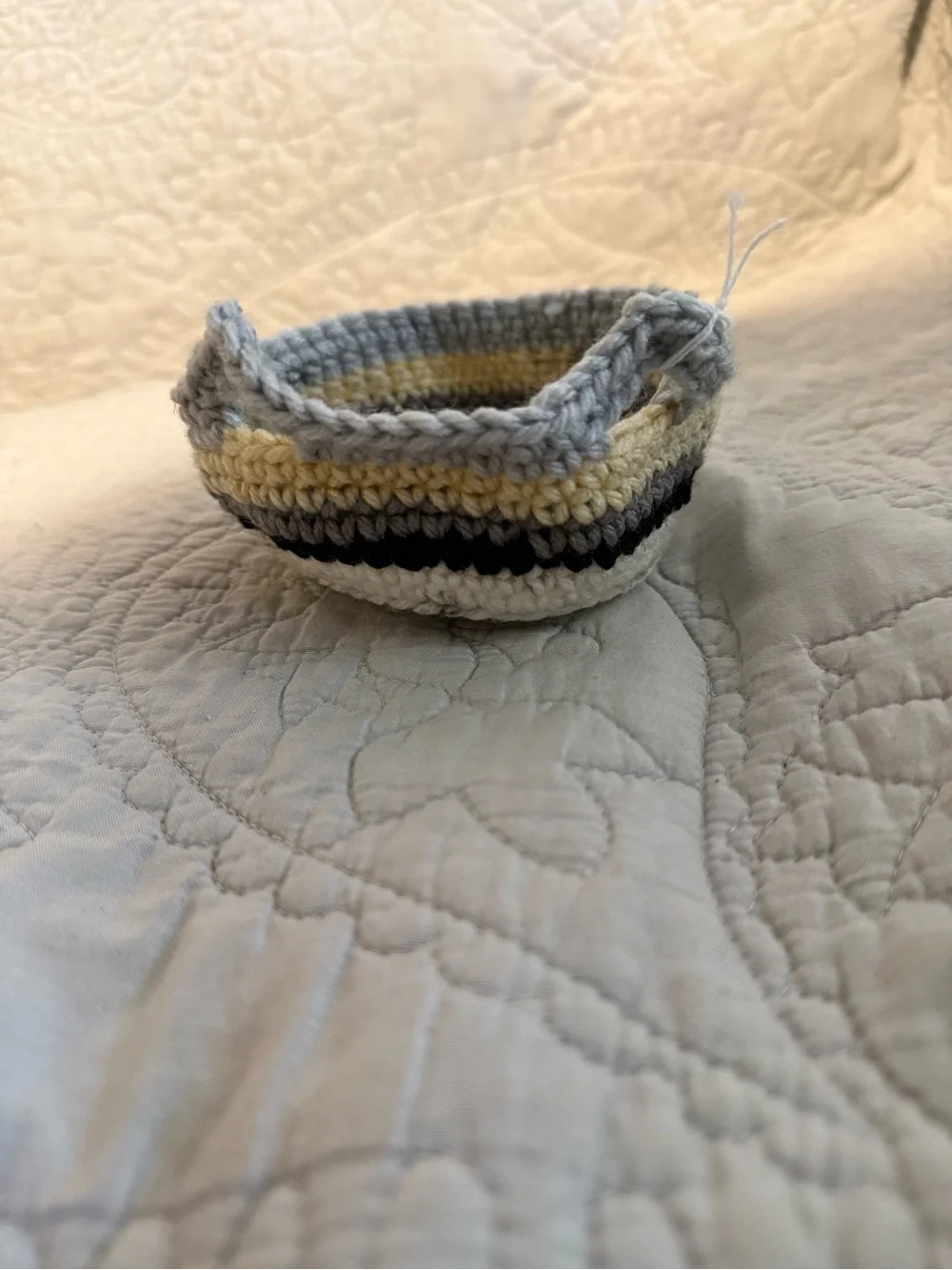 Handmade Crochet Catchall Bowl in Gray and Cream - Small Home Organizer